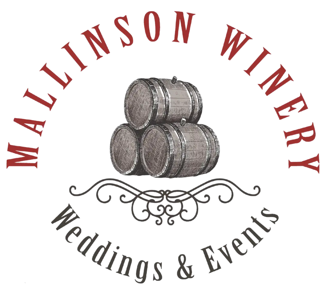 Mallinson Vineyard and Hall logo with red cap font and 3 wine barrels in sketch form at top with a swirly lines design at the bottom in black.